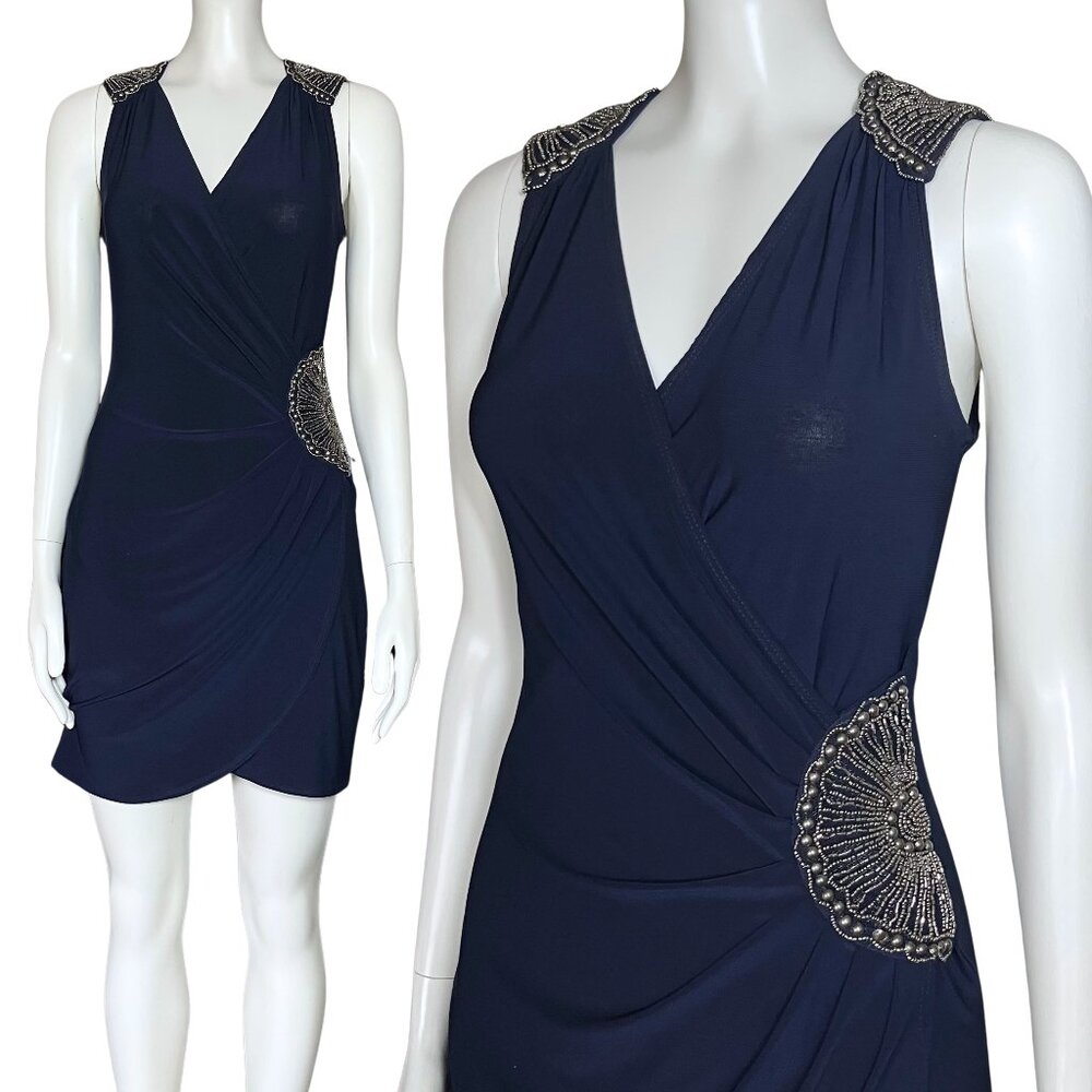 Vintage Y2K Navy Blue Beaded Cocktail Hoco Dress. S/M. Silver Boho Glam Party - Picture 2 of 14